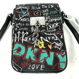 DKNY Cleo Graffiti North South Phone Crossbody Bag Black Faux Leather